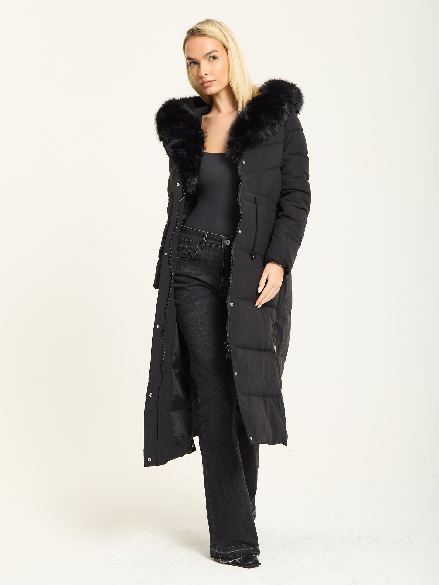 
                  
                    Black Long Padded Coat with Faux Fur Hood
                  
                