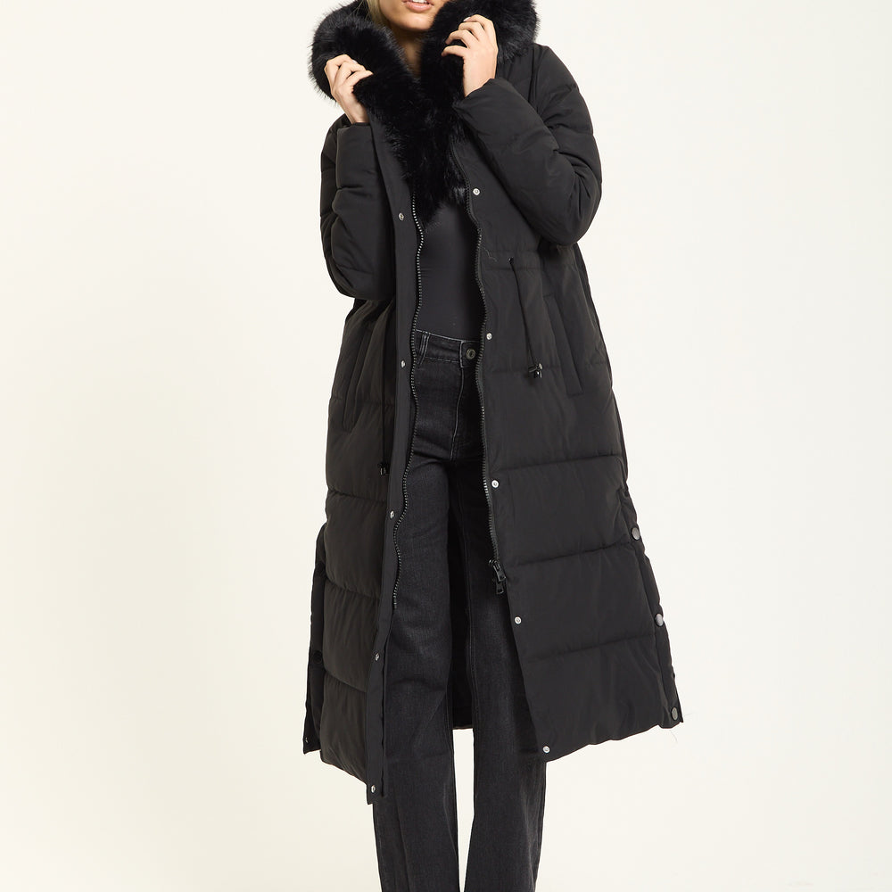 
                  
                    Black Long Padded Coat with Faux Fur Hood
                  
                