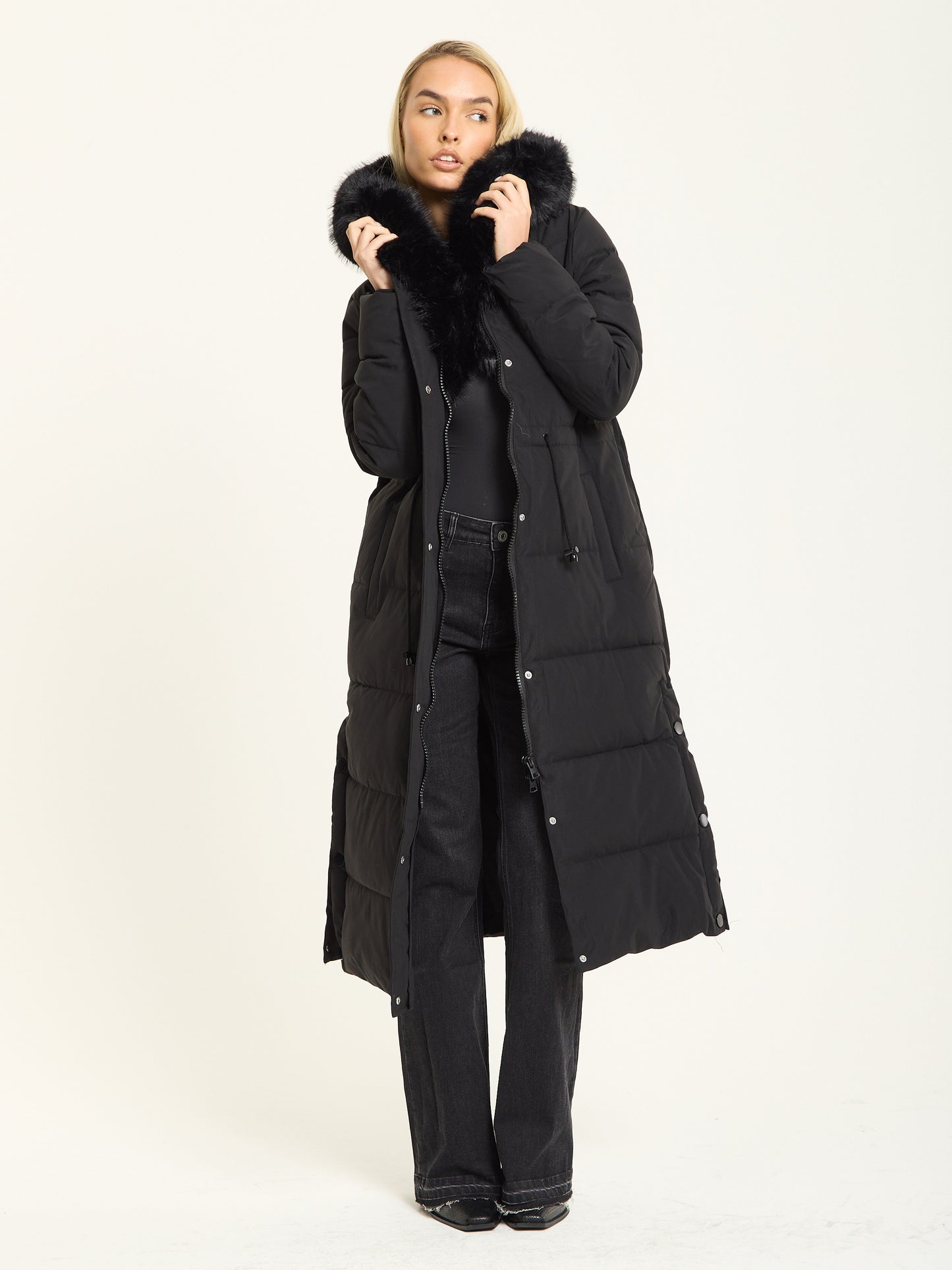 
                  
                    Black Long Padded Coat with Faux Fur Hood
                  
                