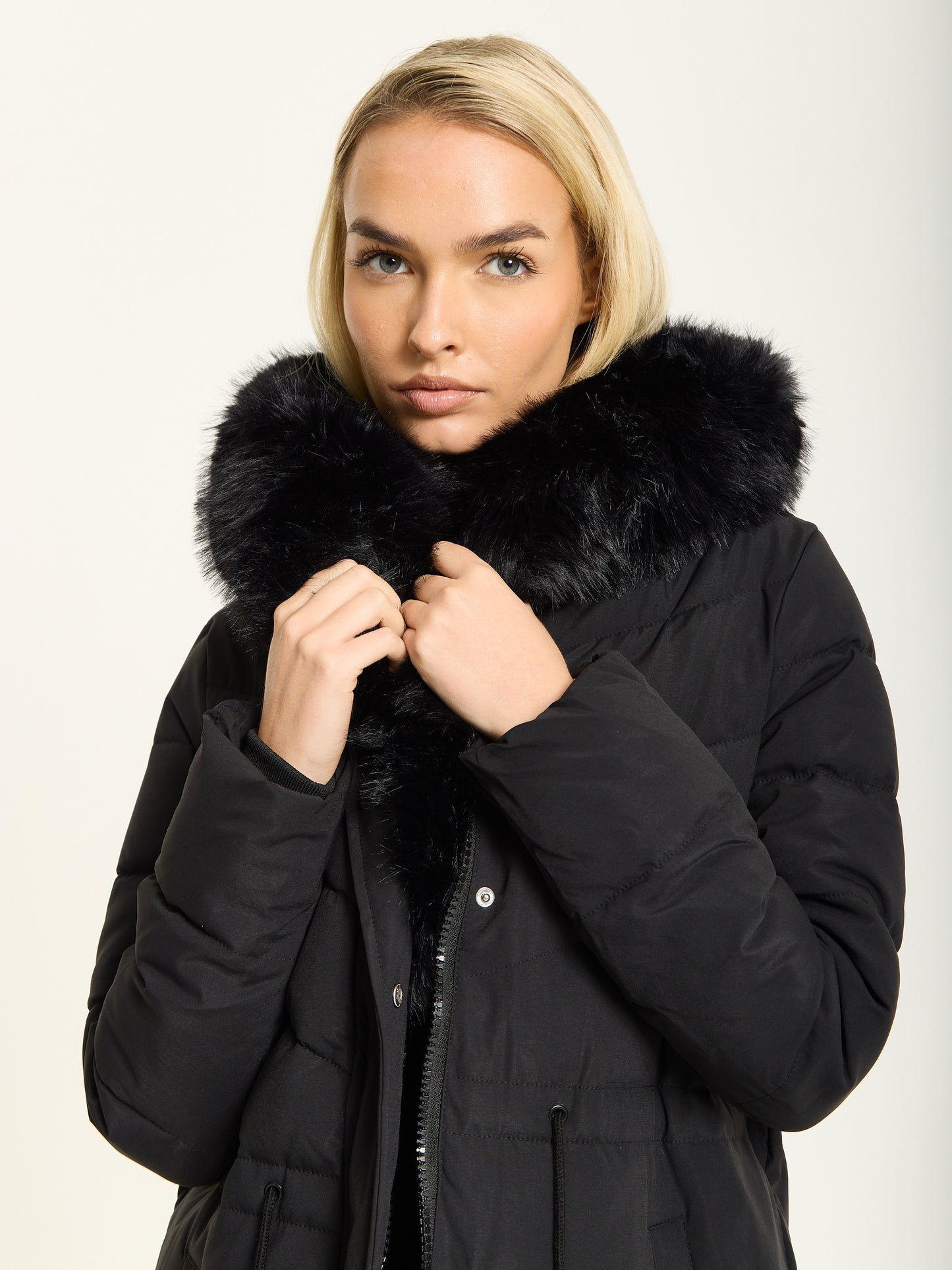 
                  
                    Black Long Padded Coat with Faux Fur Hood
                  
                