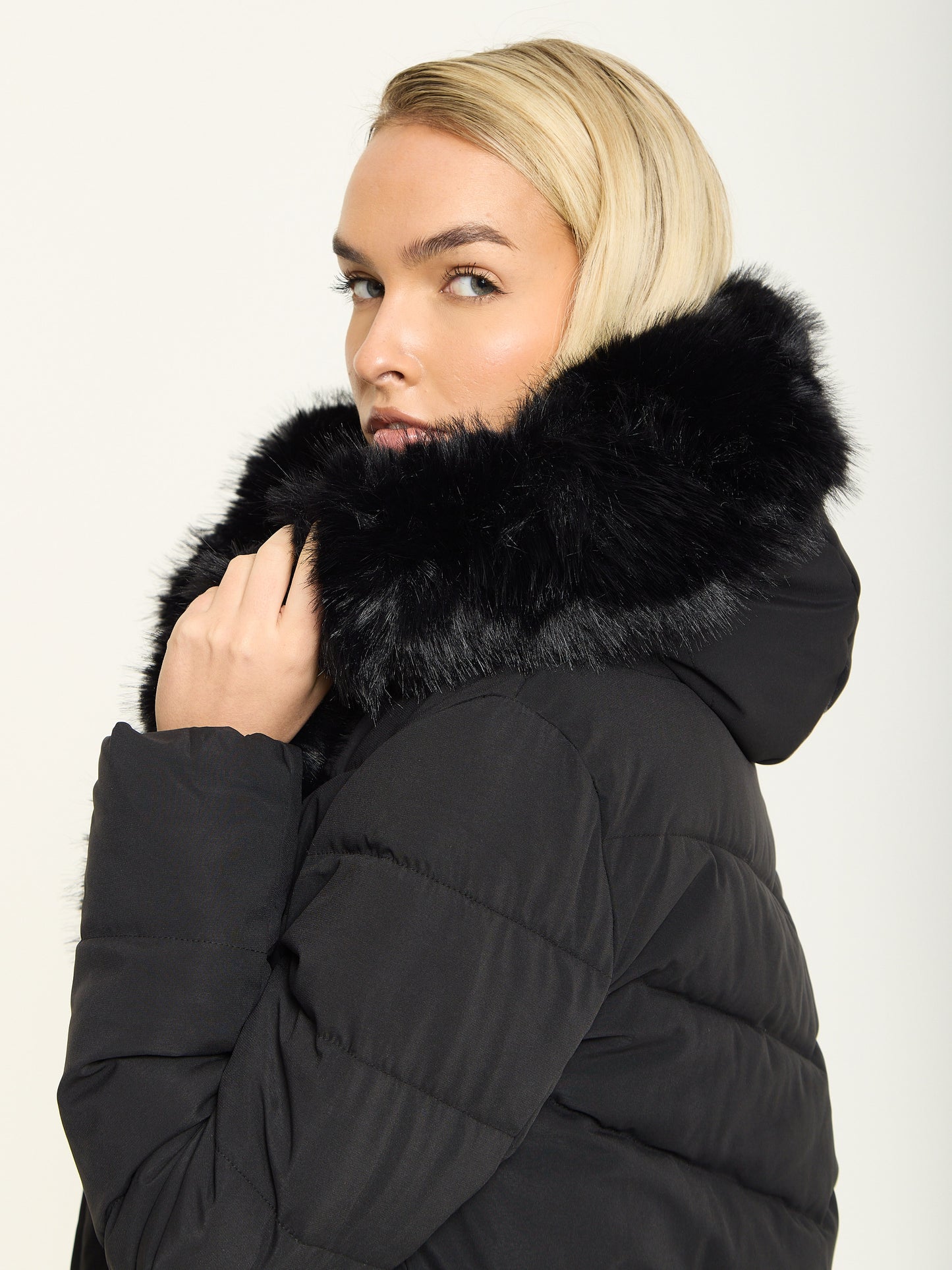 
                  
                    Black Long Padded Coat with Faux Fur Hood
                  
                