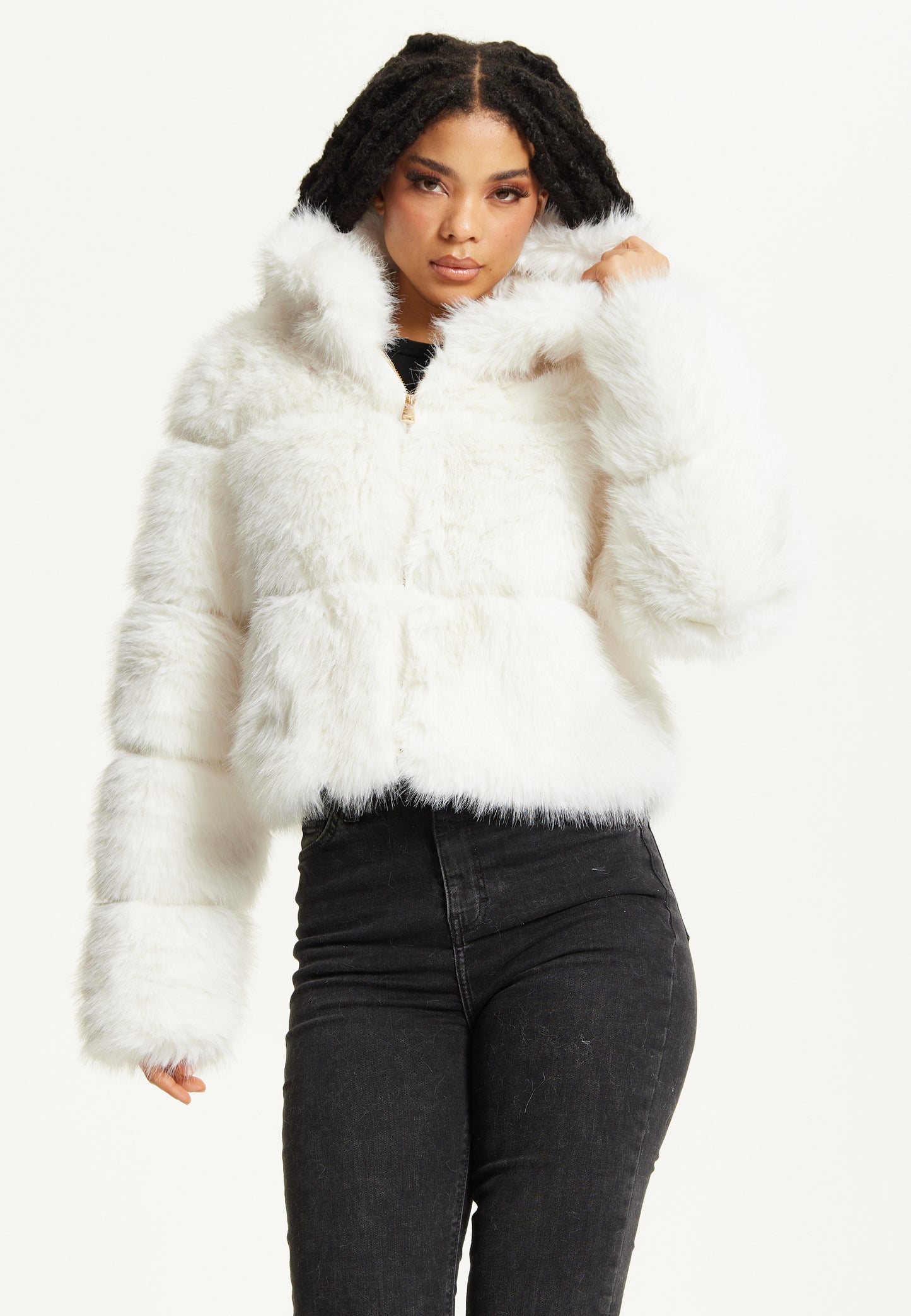 
                  
                    White Faux Fur Hooded Jacket
                  
                