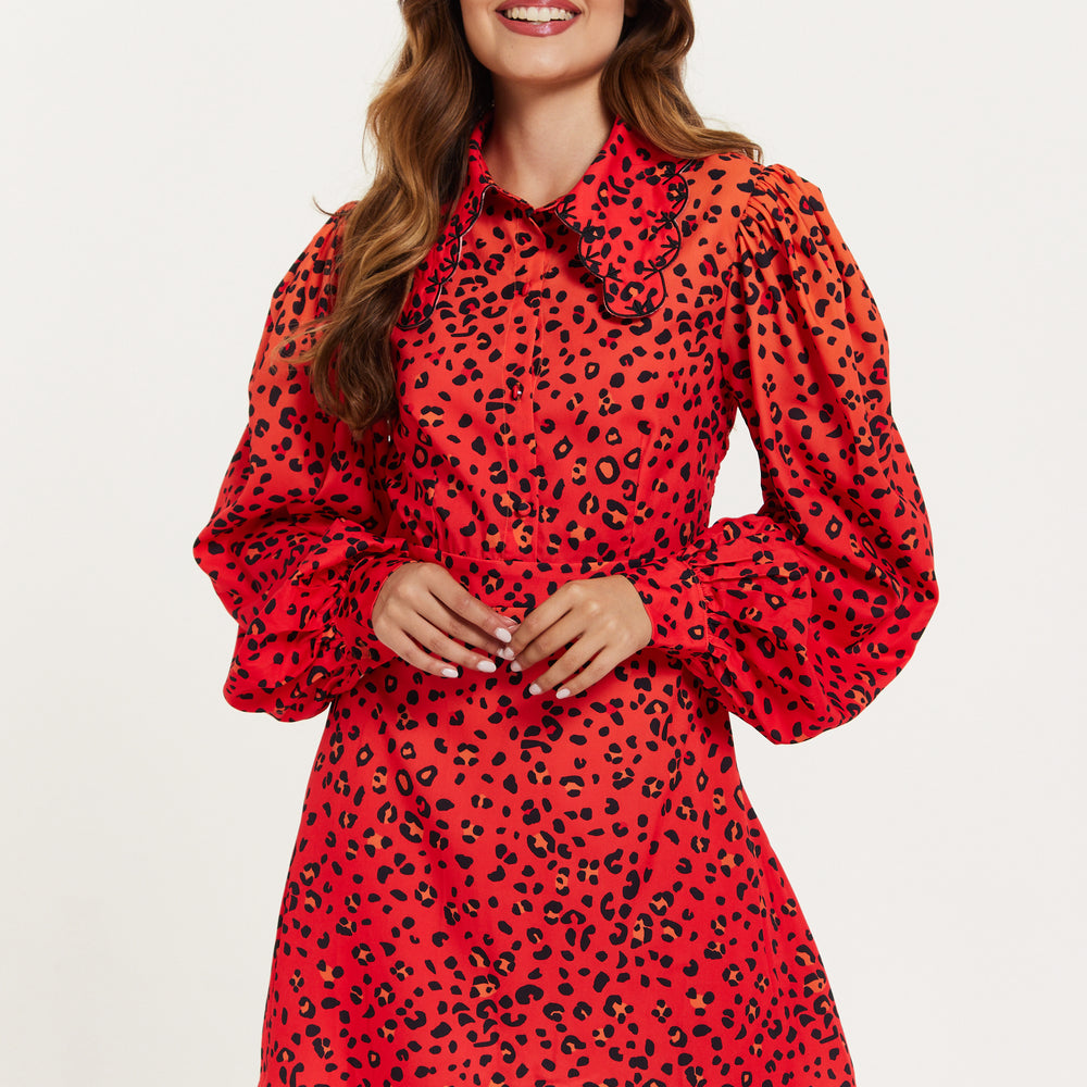 
                  
                    Women's Mini Dress, Scalloped Collar, Leopard Print with Ombre Detail, Long Balloon Sleeves, Side Zip, Regular Fit
                  
                