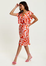 Liquorish Pink And Red Abstract Print Midi Dress With Frill Details