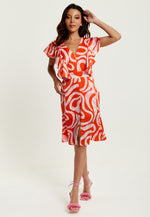 Liquorish Pink And Red Abstract Print Midi Dress With Frill Details