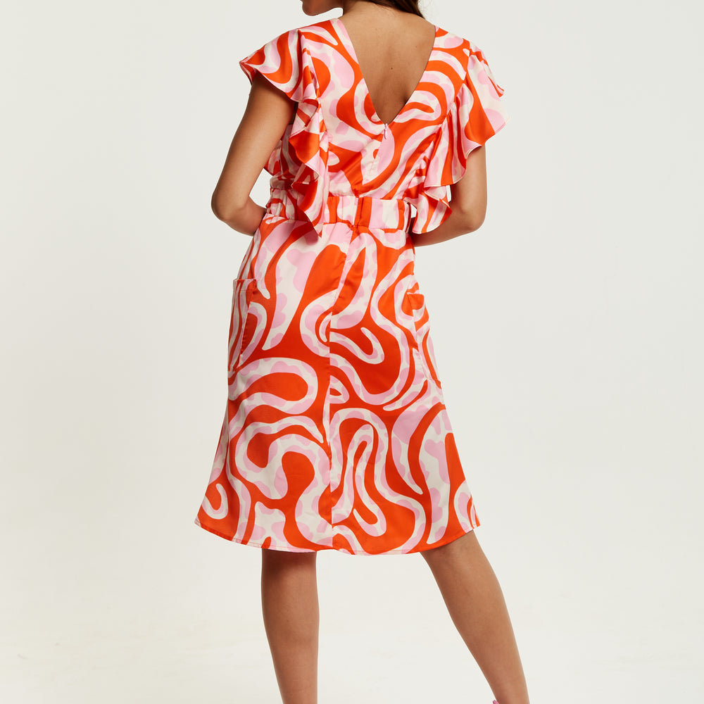 
                  
                    Liquorish Pink And Red Abstract Print Midi Dress With Frill Details
                  
                