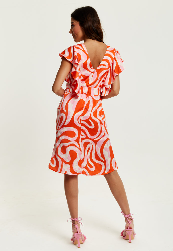 Liquorish Pink And Red Abstract Print Midi Dress With Frill Details