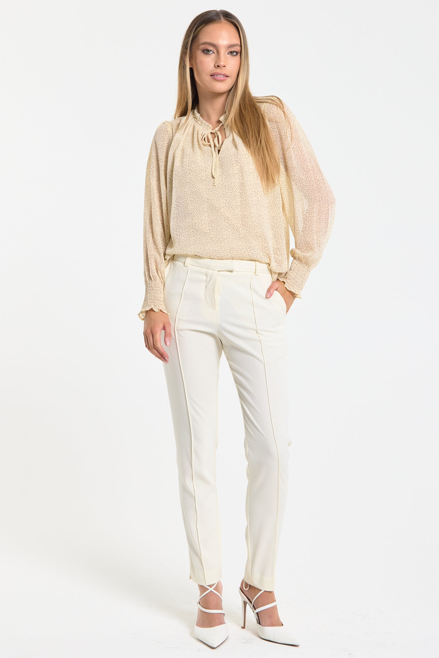 
                  
                    Cream Ditsy Print Tie Neck Blouse
                  
                