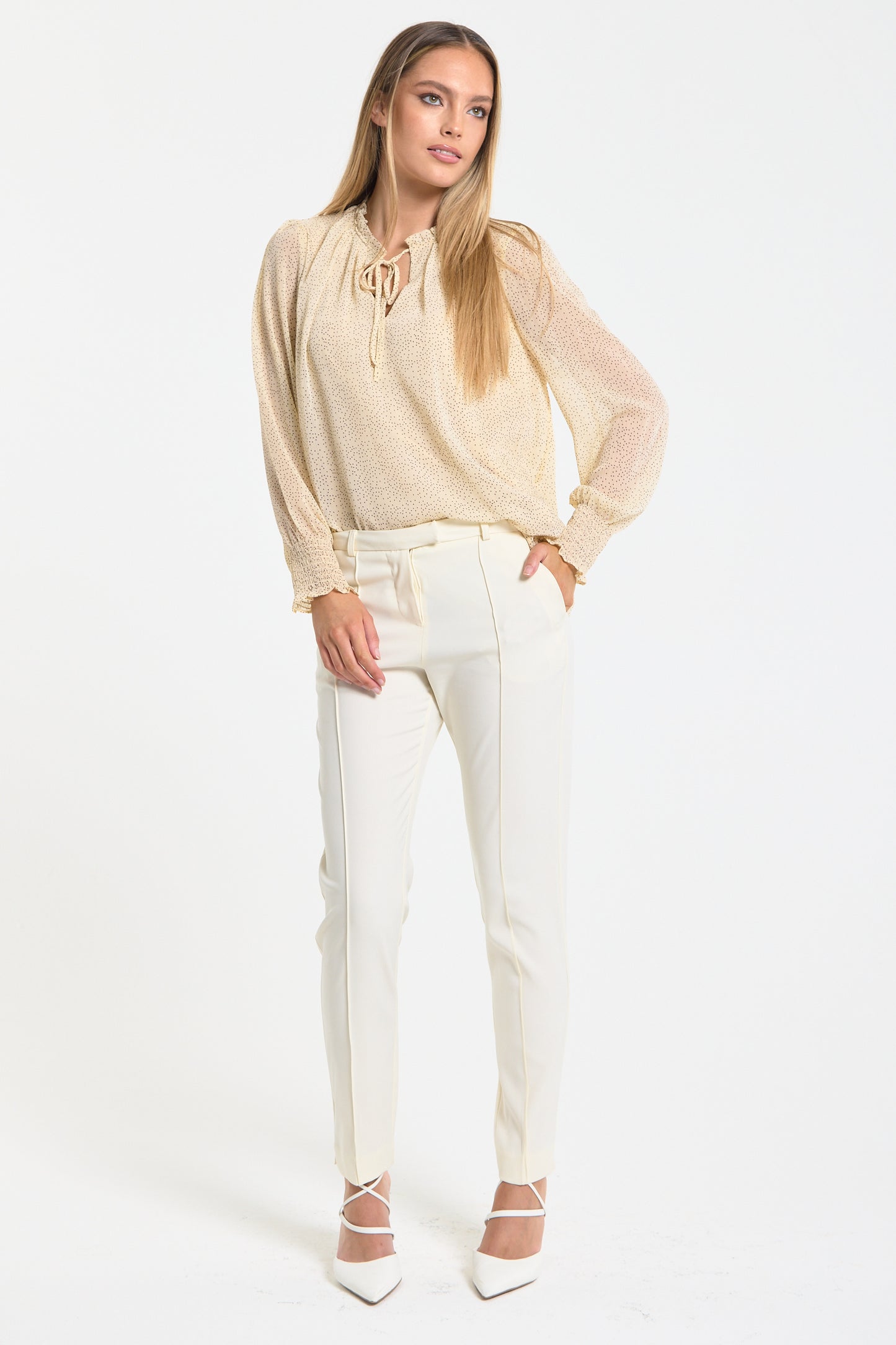 
                  
                    Cream Ditsy Print Tie Neck Blouse
                  
                