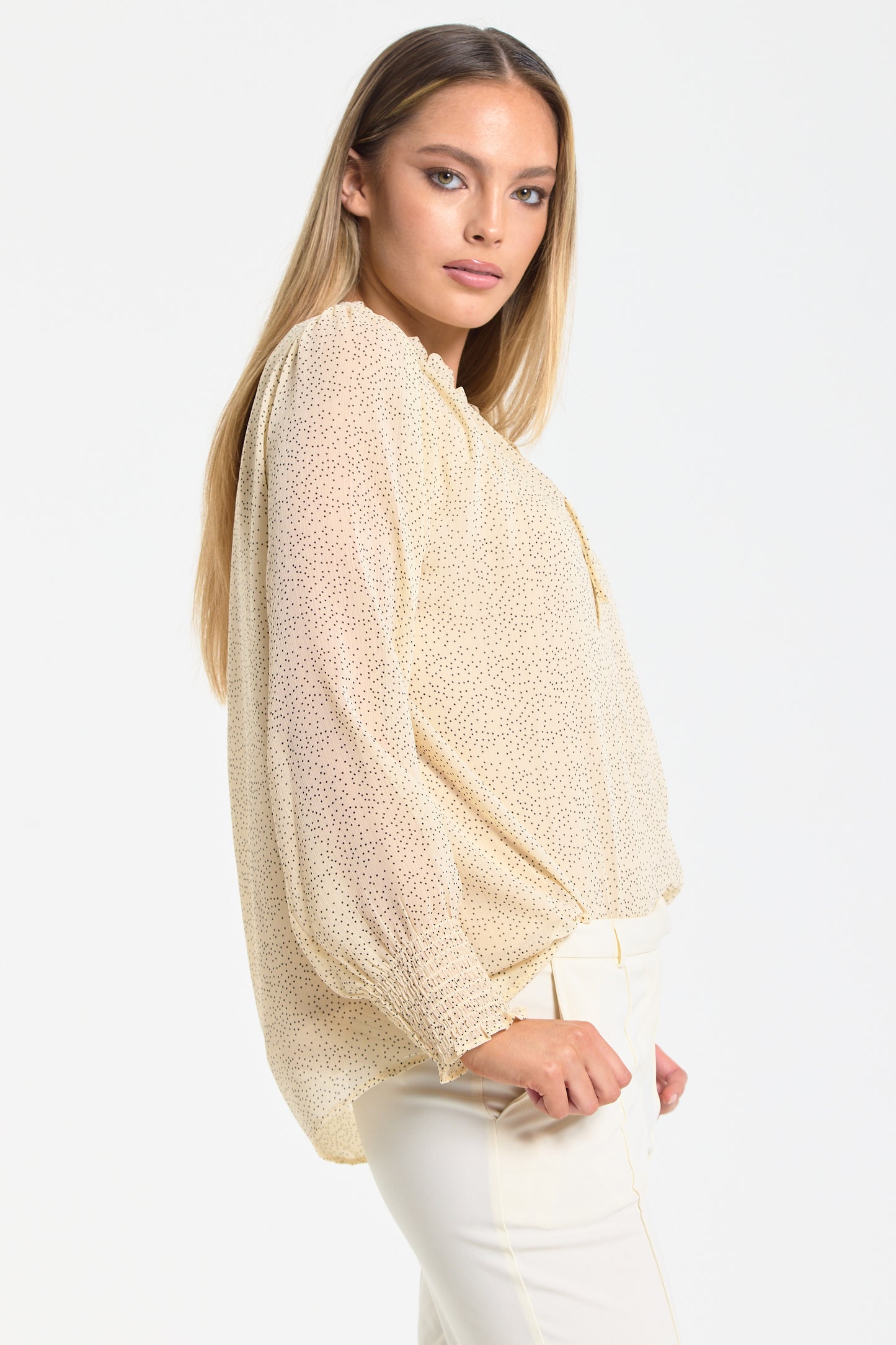 
                  
                    Cream Ditsy Print Tie Neck Blouse
                  
                