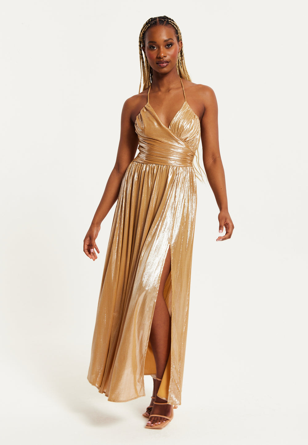 Liquorish Strapless Gold Foil Printed Jersey Maxi Dress