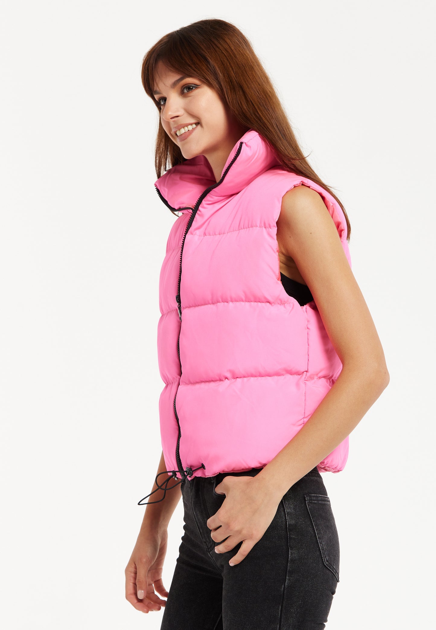 
                  
                    Liquorish Pink Puffer Vest with Drawstring Hem
                  
                