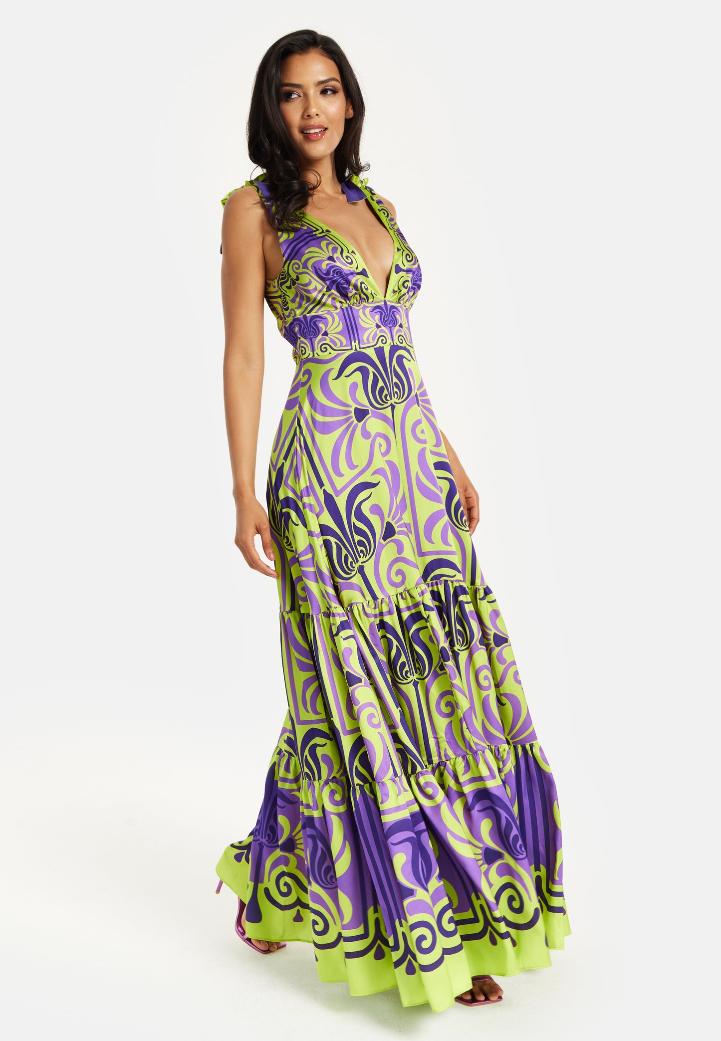 Women's Maxi Dress with Flowing Tiered Skirt in Purple and Lime Green – Liquorish Online Women's Maxi Dress with Flowing Tiered Skirt in Purple and Lime Green – Liquorish Online