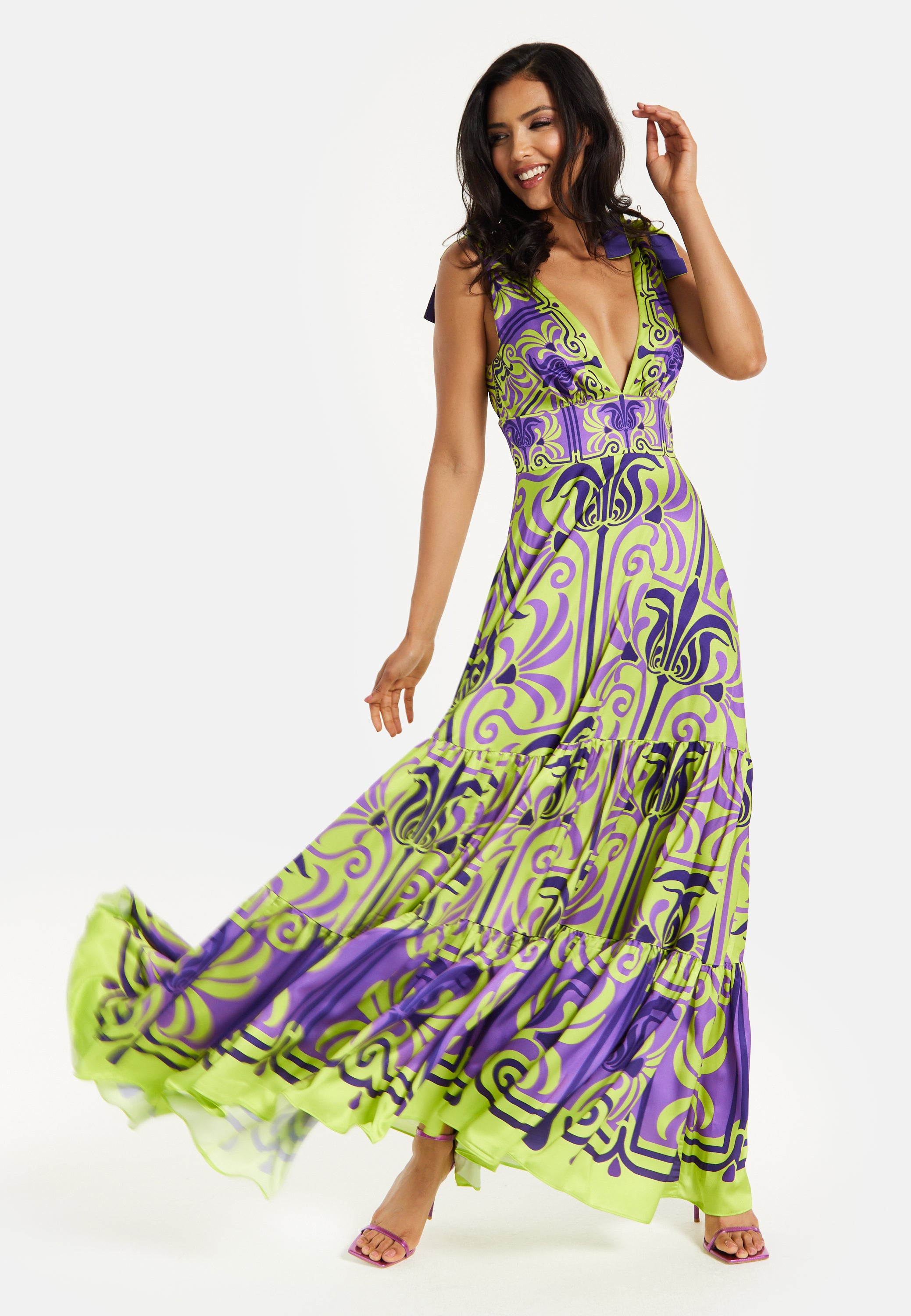 Women's Maxi Dress with Flowing Tiered Skirt in Purple and Lime Green Liquorish Online Women's Maxi Dress with Flowing Tiered Skirt in Purple and Lime Green Liquorish Online