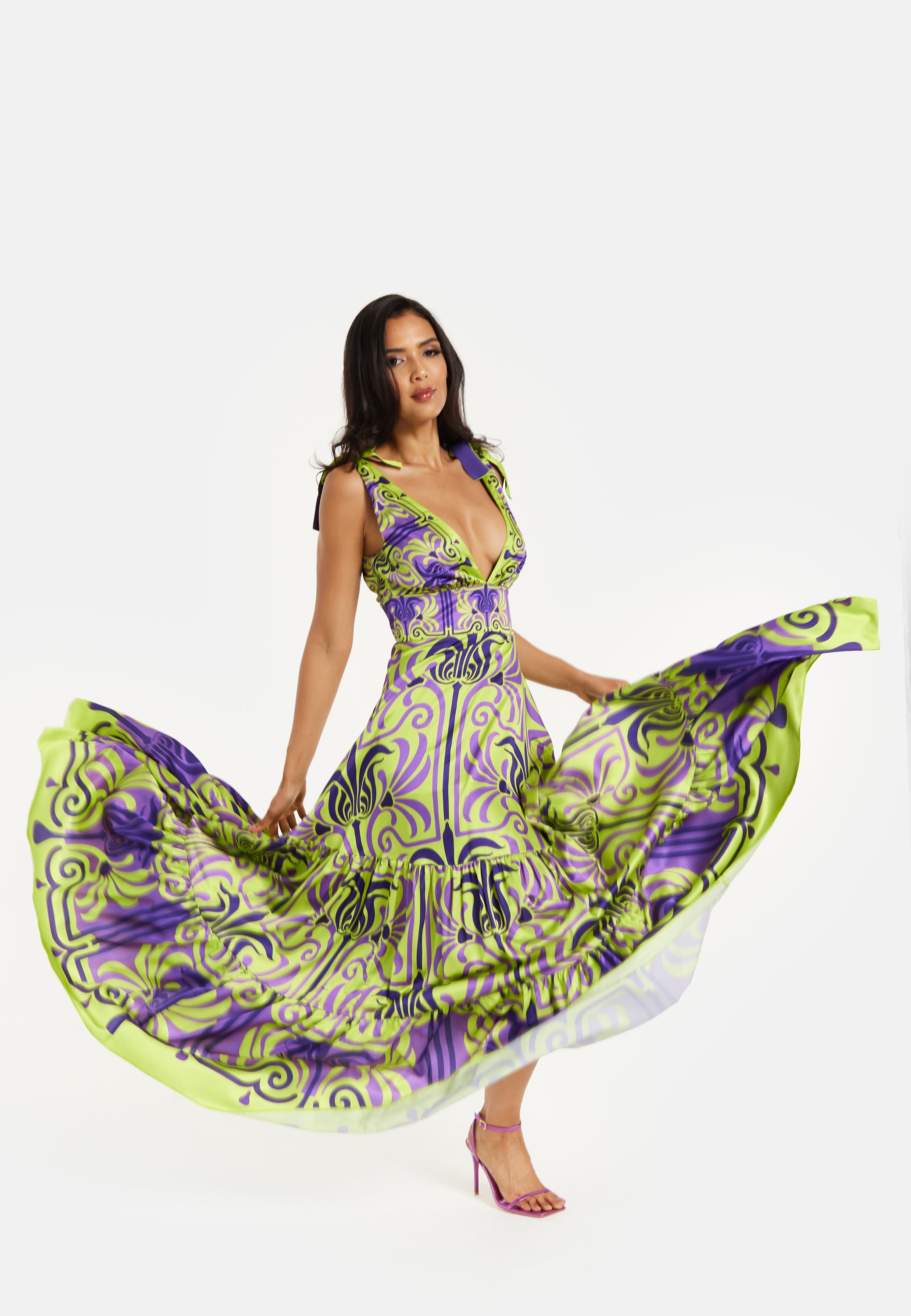 Women's Maxi Dress with Flowing Tiered Skirt in Purple and Lime Green Liquorish Online Women's Maxi Dress with Flowing Tiered Skirt in Purple and Lime Green Liquorish Online