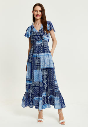 Liquorish Blue Tile Print Maxi Dress With Short Sleeves
