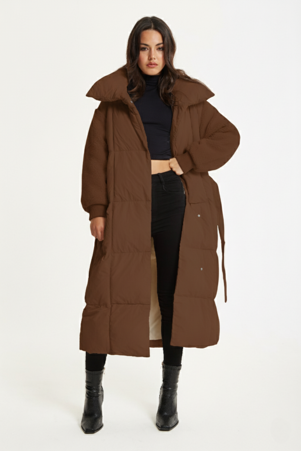Brown Longline Belted Puffer Coat