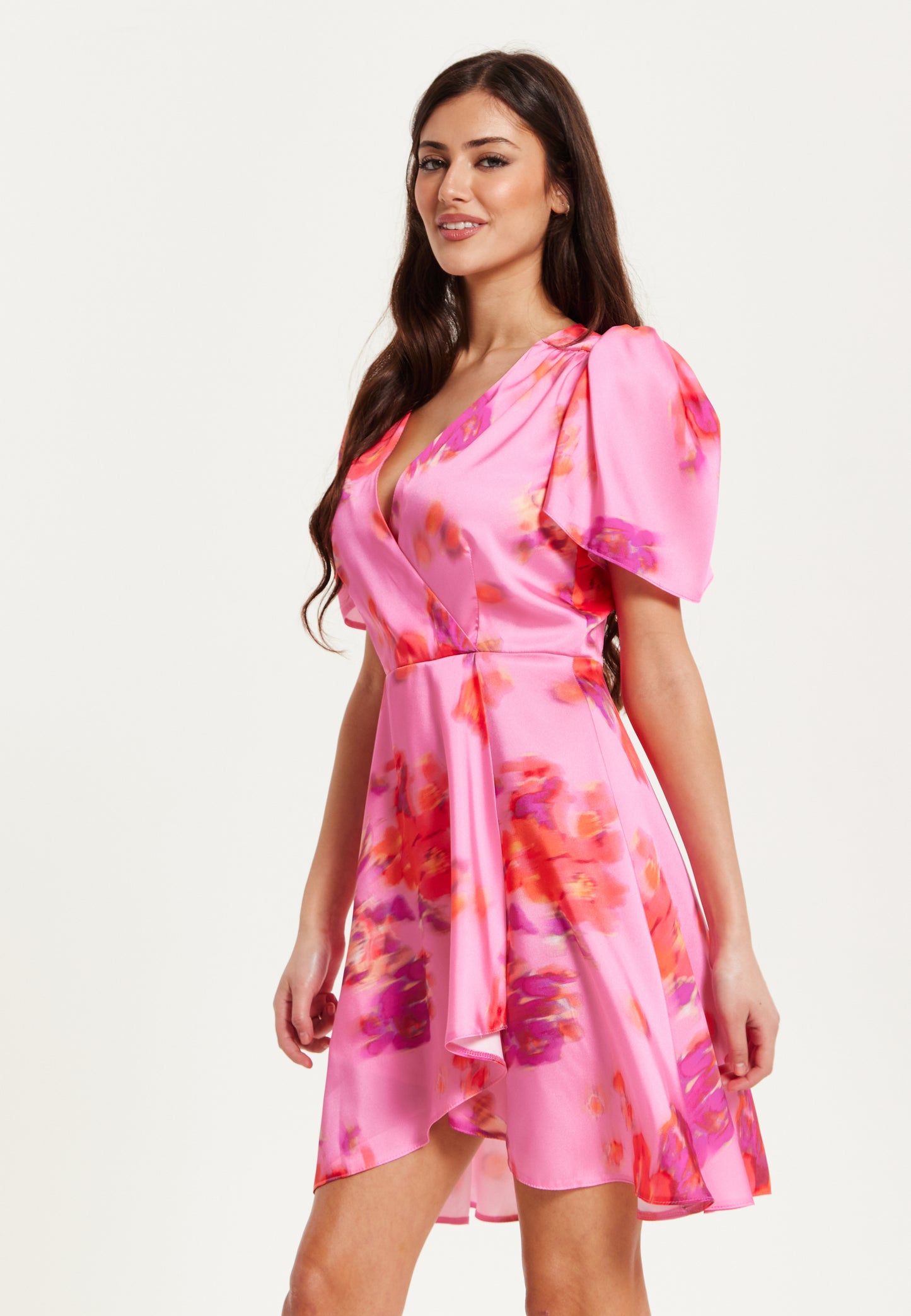 
                  
                    Liquorish Angel Sleeve Wrap Mini Dress In Pink
                  
                