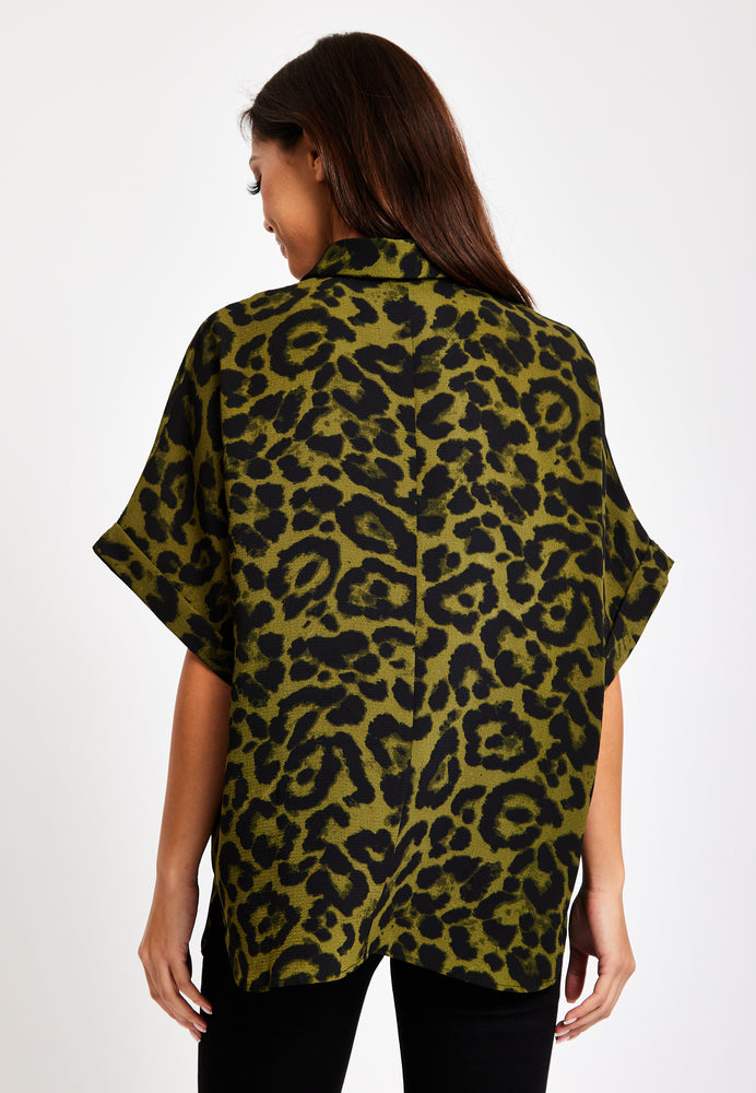 Liquorish Khaki Animal Print Shirt With Short Sleeves