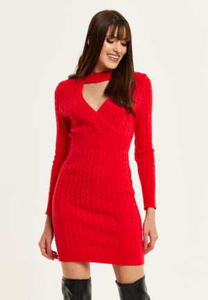 Liquorish Cut Out Front Cable Knit Mini Dress In Red