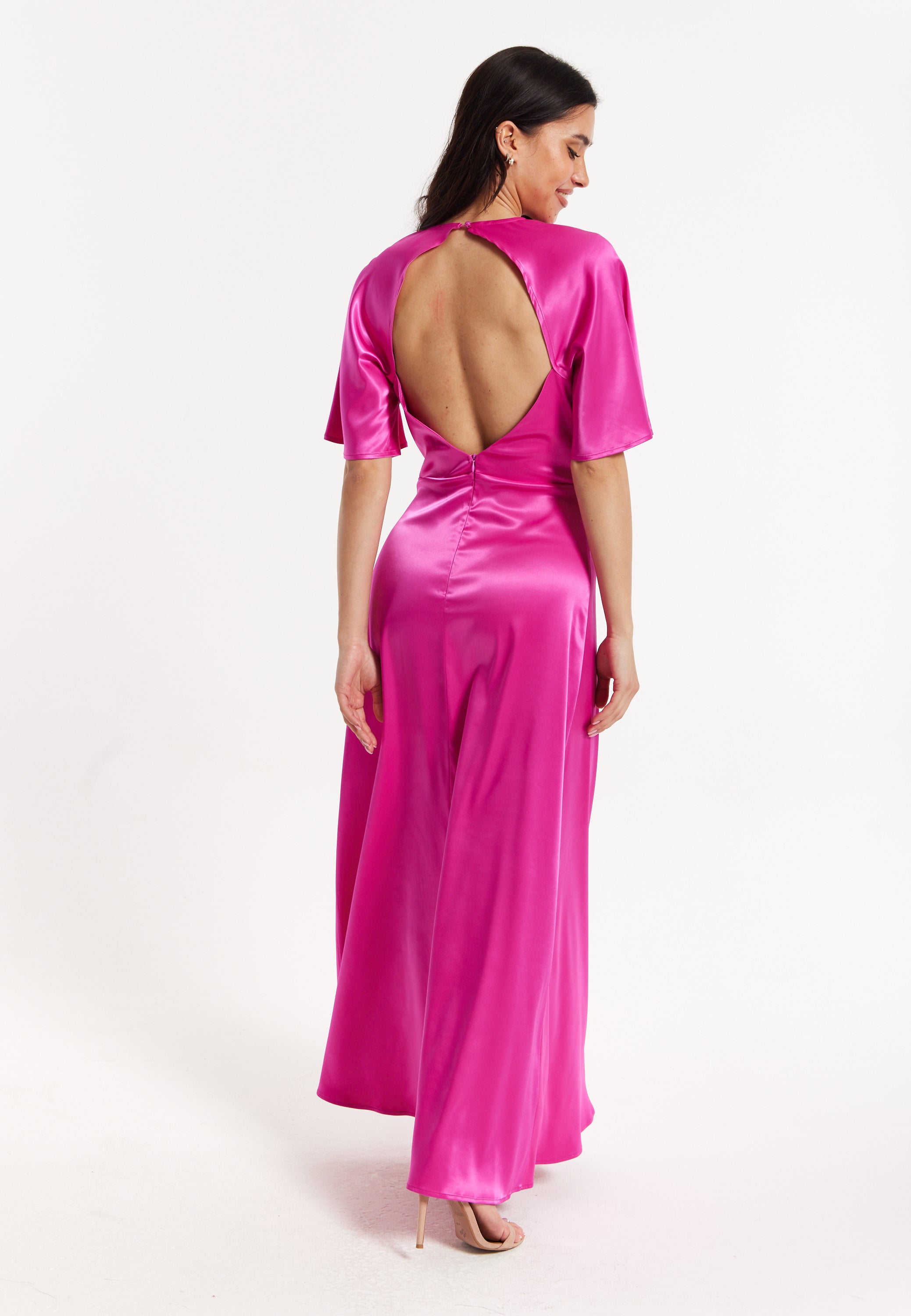 Hot Pink Satin Maxi Wrap Dress with Flutter Sleeves Liquorish Online Hot Pink Satin Maxi Wrap Dress with Flutter Sleeves Liquorish Online