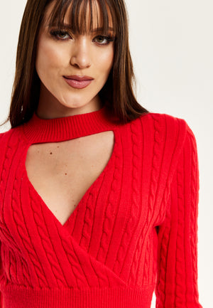 Liquorish Cut Out Front Cable Knit Mini Dress In Red