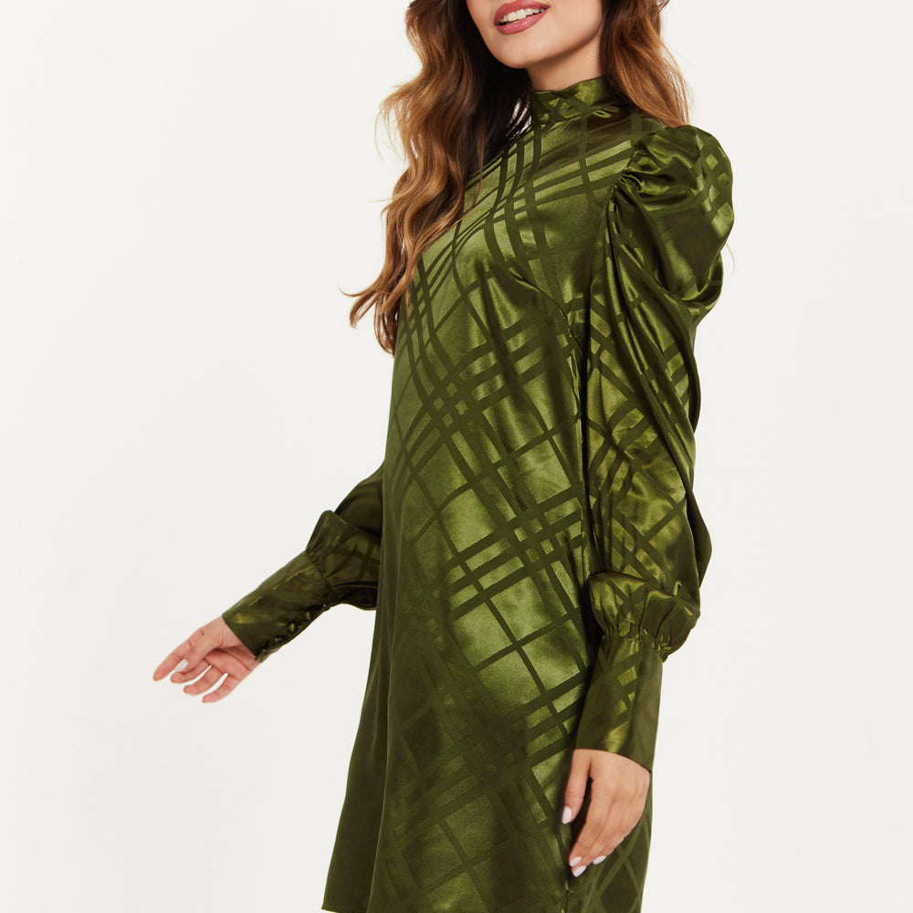 
                  
                    Women's Mini Dress with Puff Sleeves in Khaki Check Jacquard - Regular Fit, High Neck, by Liquorish
                  
                