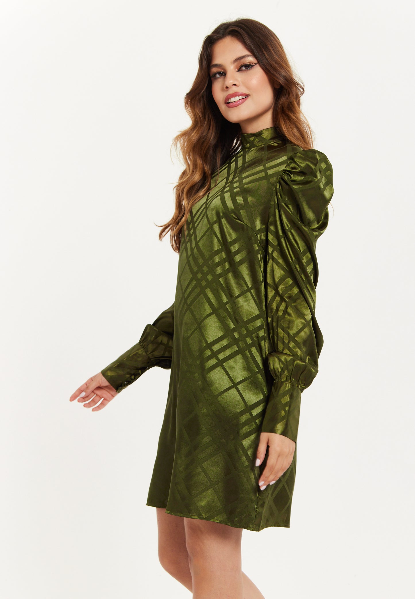 
                  
                    Women's Mini Dress with Puff Sleeves in Khaki Check Jacquard - Regular Fit, High Neck, by Liquorish
                  
                