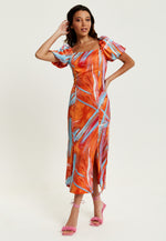 Liquorish Abstract Print Midi Dress With a Square neck and Low Back in Orange
