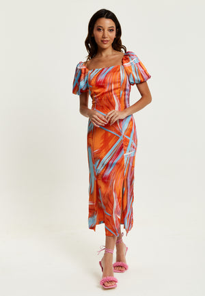 Liquorish Abstract Print Midi Dress With a Square neck and Low Back in Orange