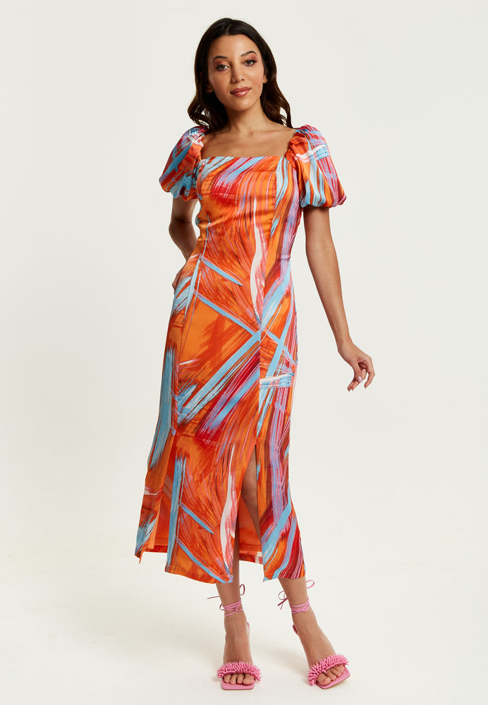 Liquorish Abstract Print Midi Dress With a Square neck and Low Back in Orange
