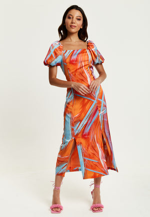 Liquorish Abstract Print Midi Dress With a Square neck and Low Back in Orange