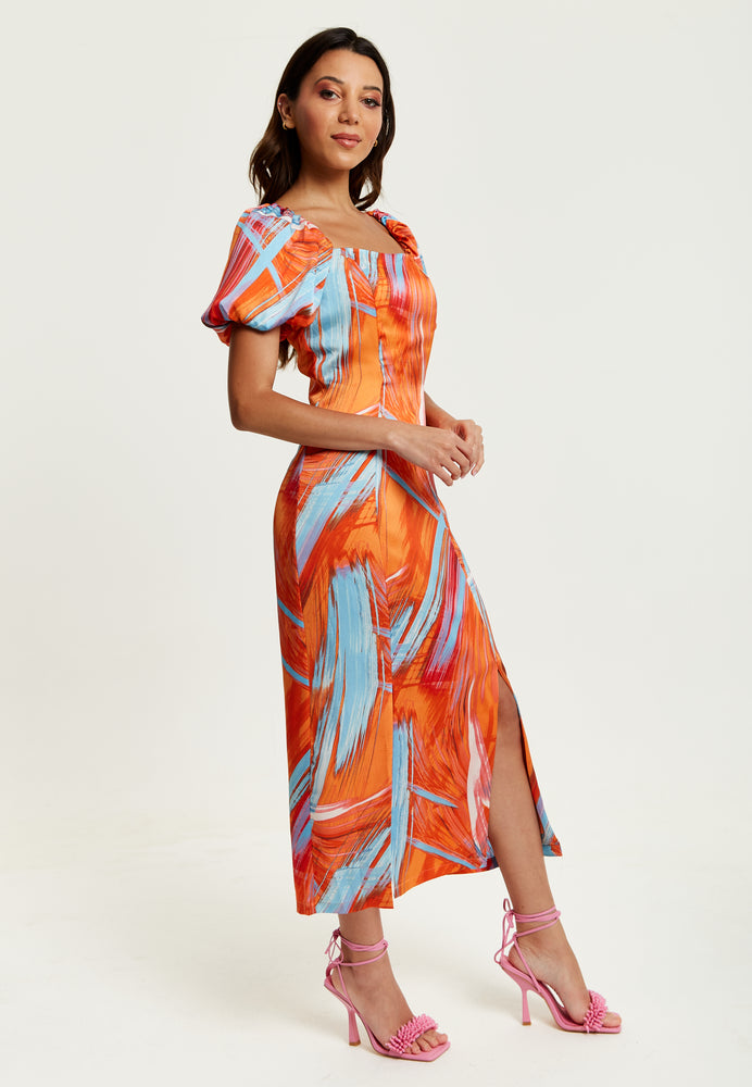 Liquorish Abstract Print Midi Dress With a Square neck and Low Back in Orange