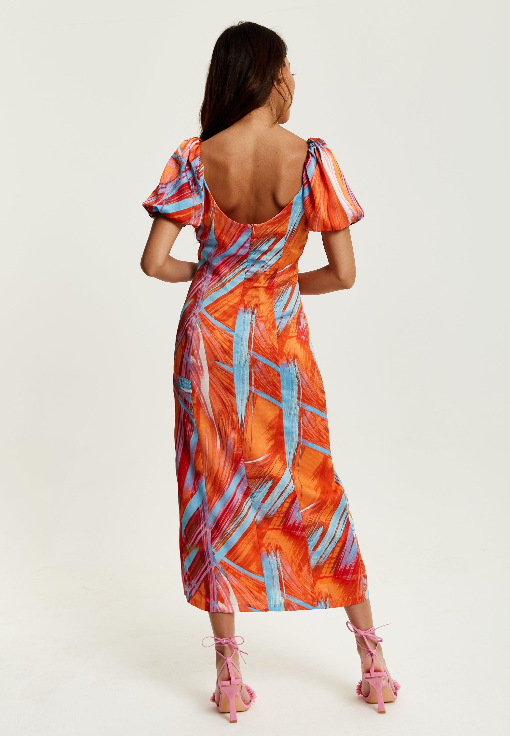 Women s Midi Dress in Orange with Puff Sleeves and Square Neck Liquo Liquorish Online