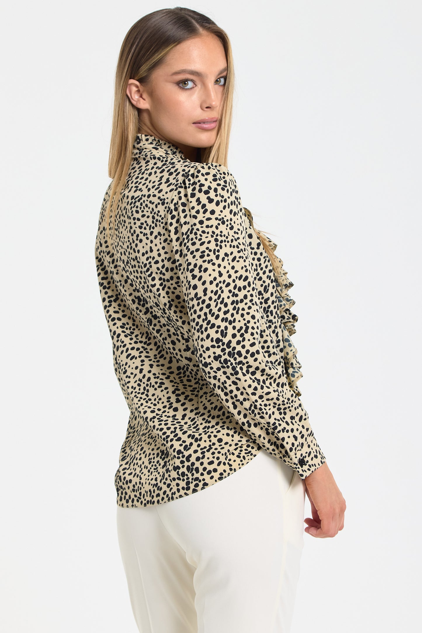 
                  
                    Beige Leopard Frill Front Blouse
                  
                