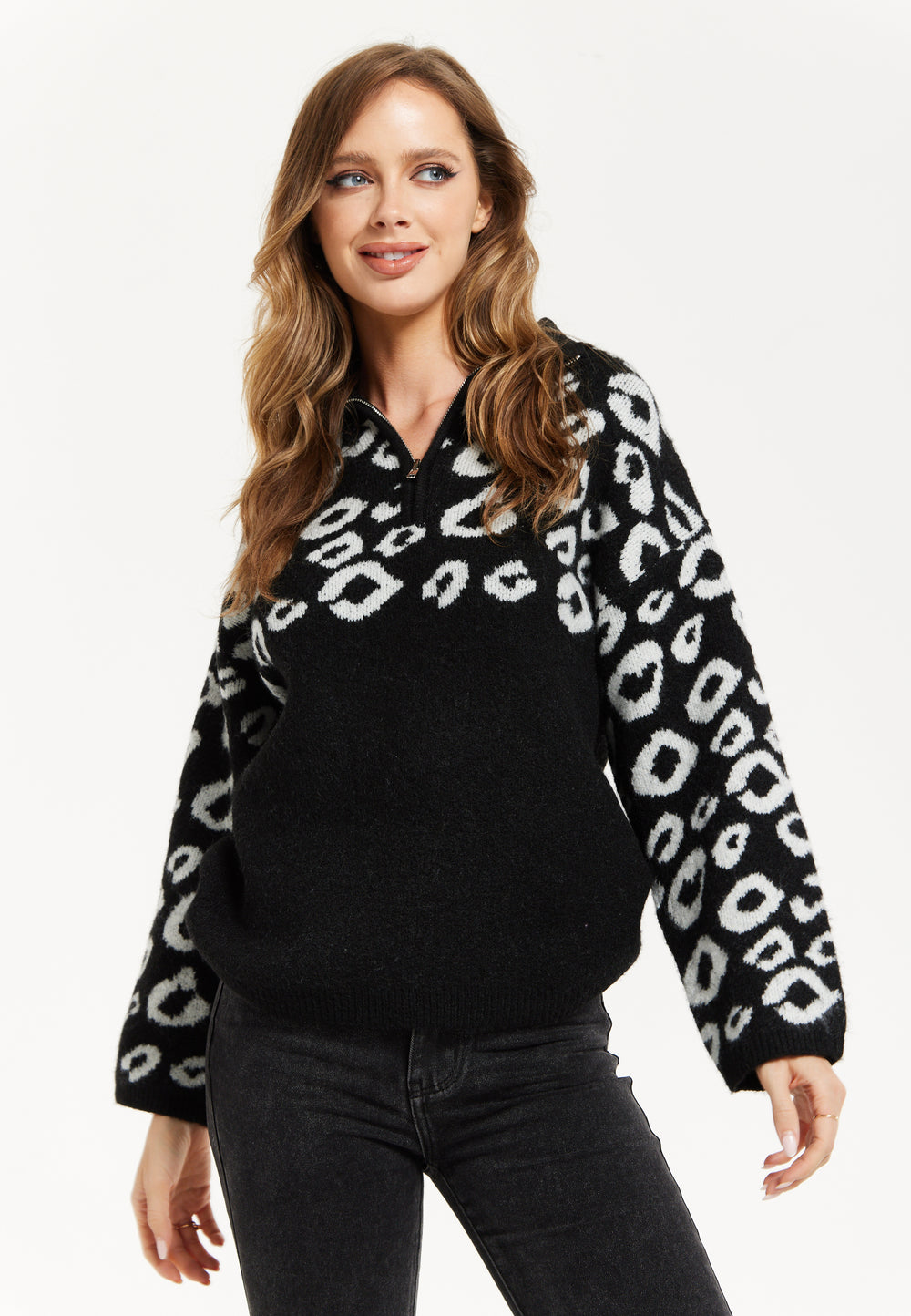 Women's Jumper with Long Sleeves and Front Zip, Black and White Jacquard Animal Pattern, by Liquorish