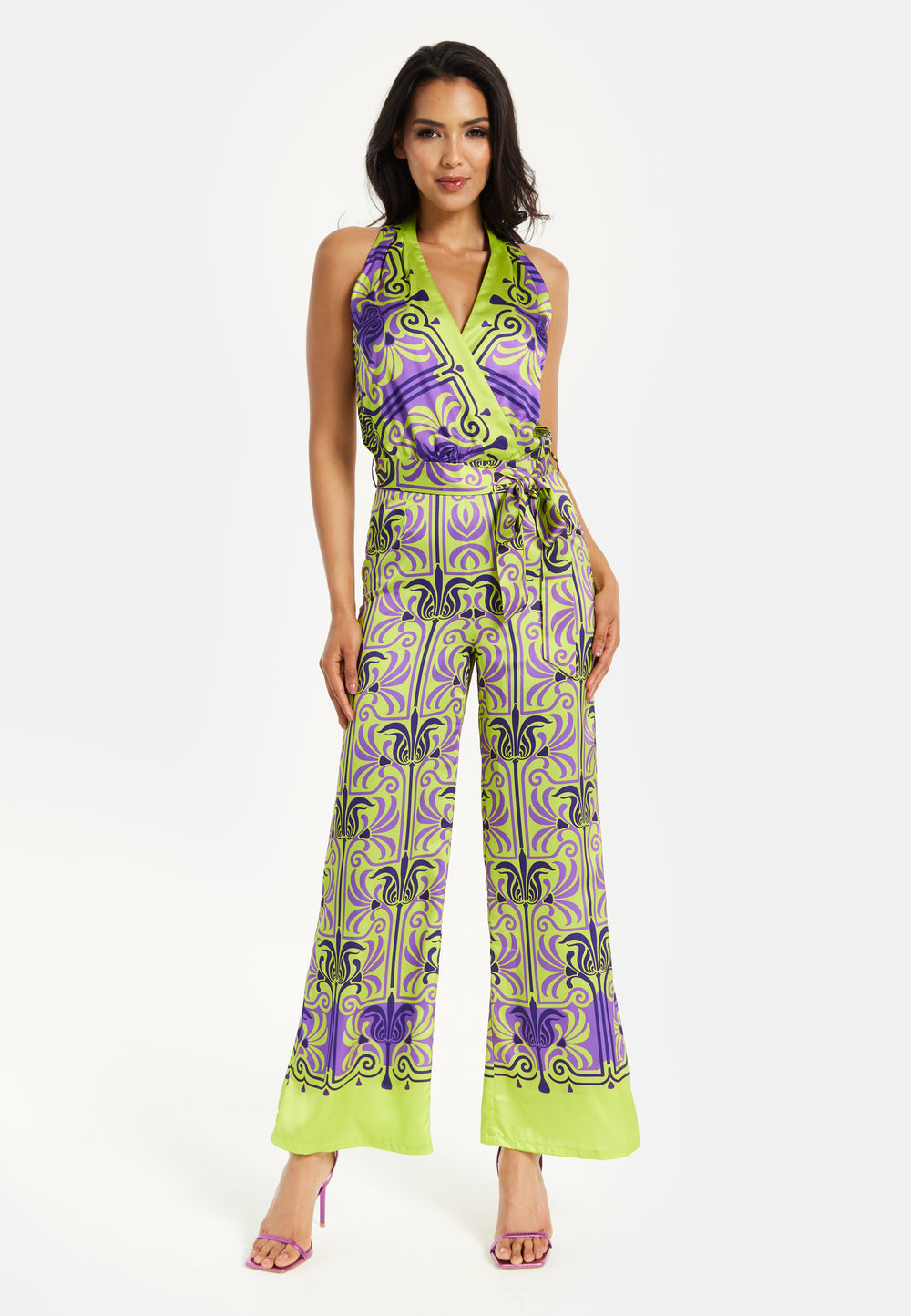 Liquorish Printed Shawl Tie Neck Palazzo Jumpsuit