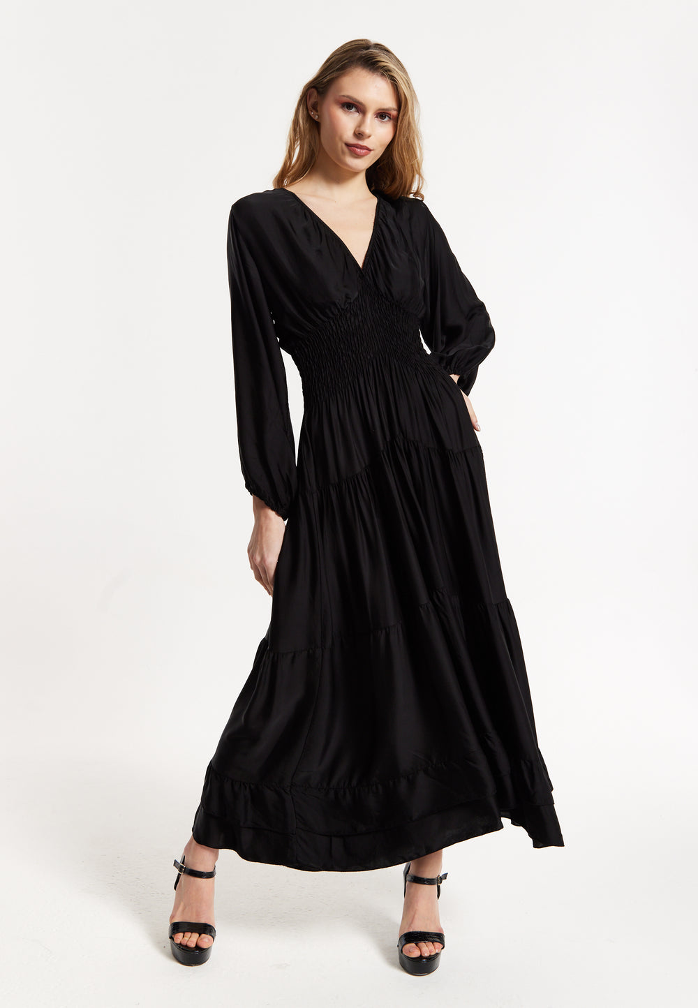 Black Shirred Waist Satin Maxi Dress