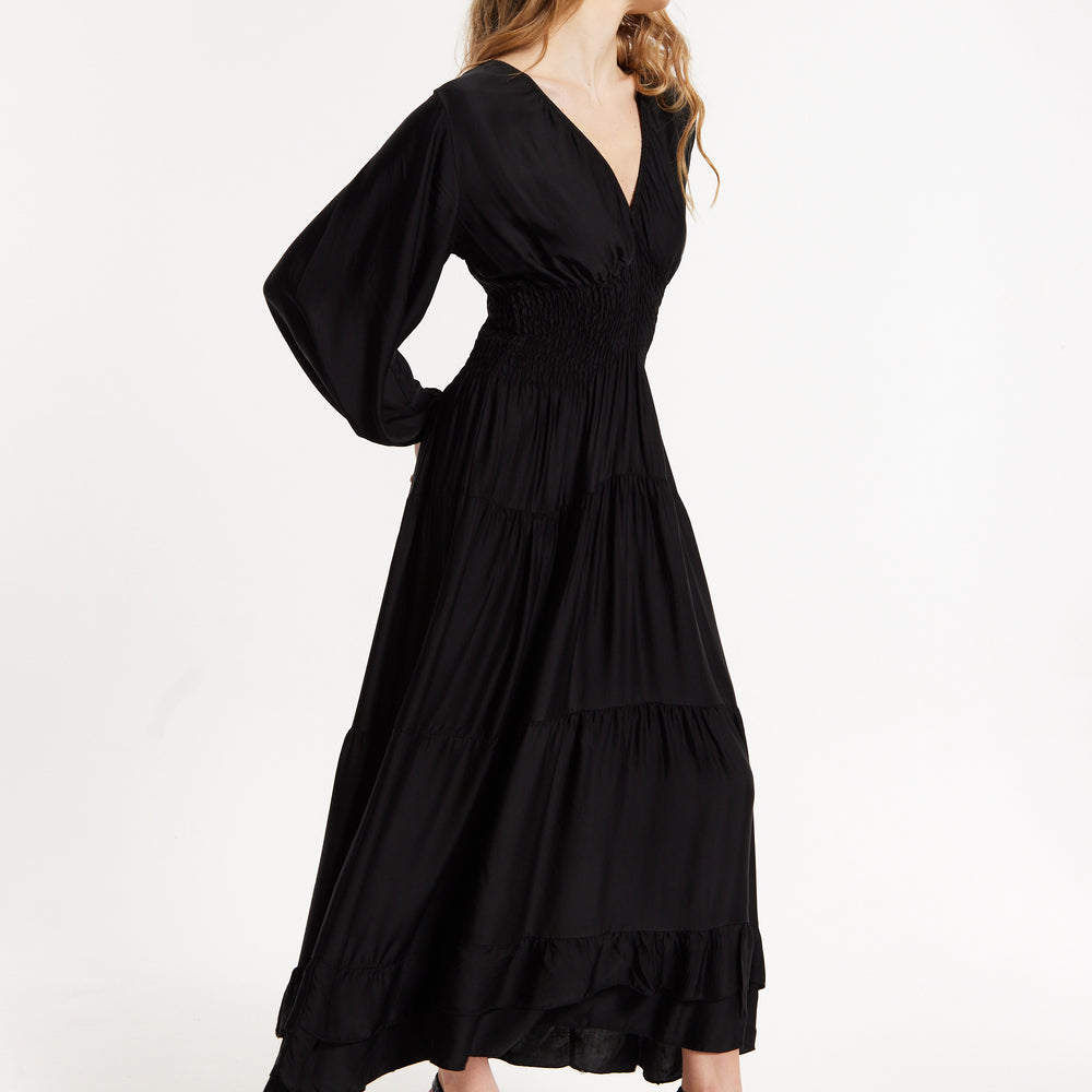 
                  
                    Black Shirred Waist Satin Maxi Dress
                  
                