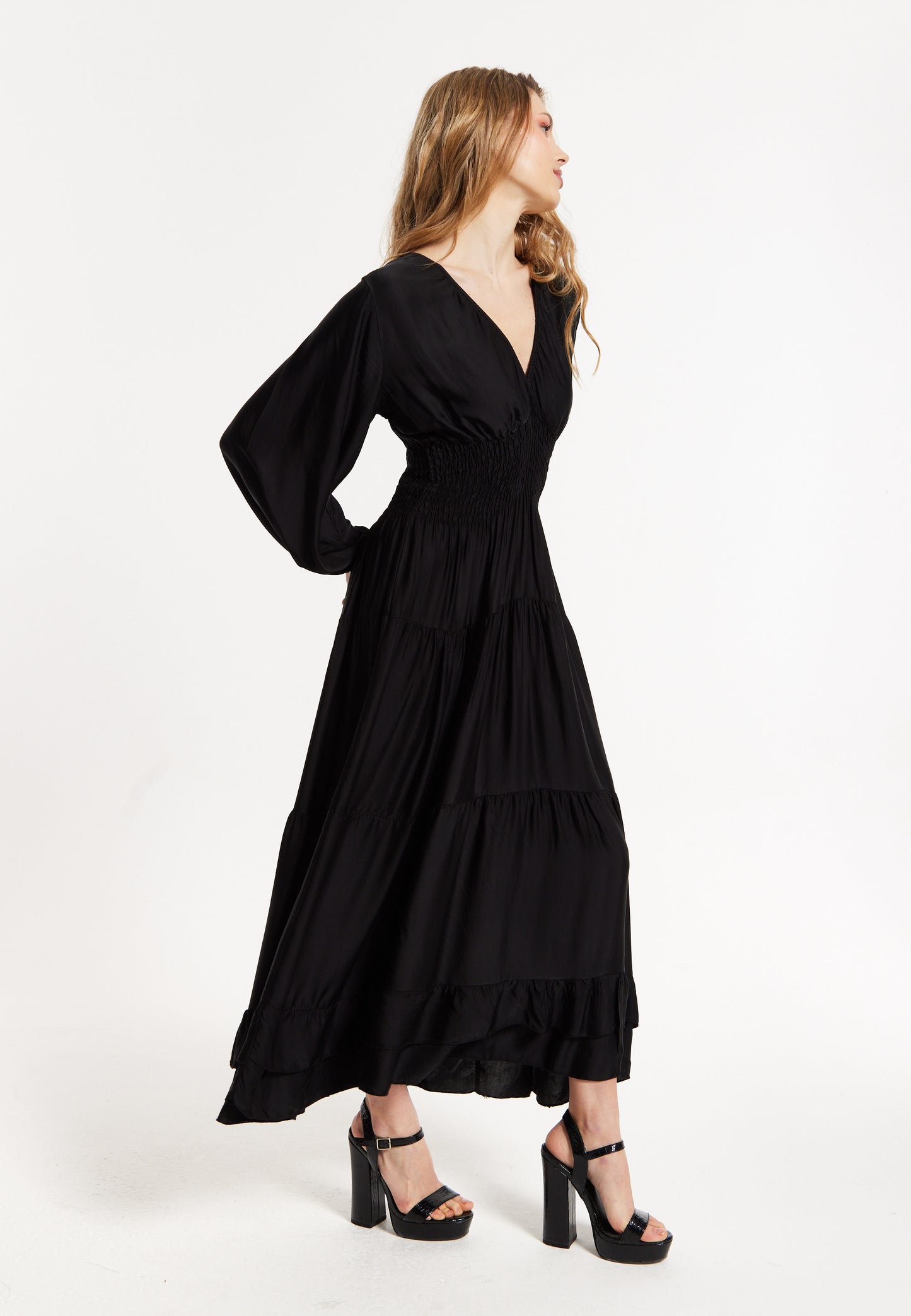 
                  
                    Black Shirred Waist Satin Maxi Dress
                  
                