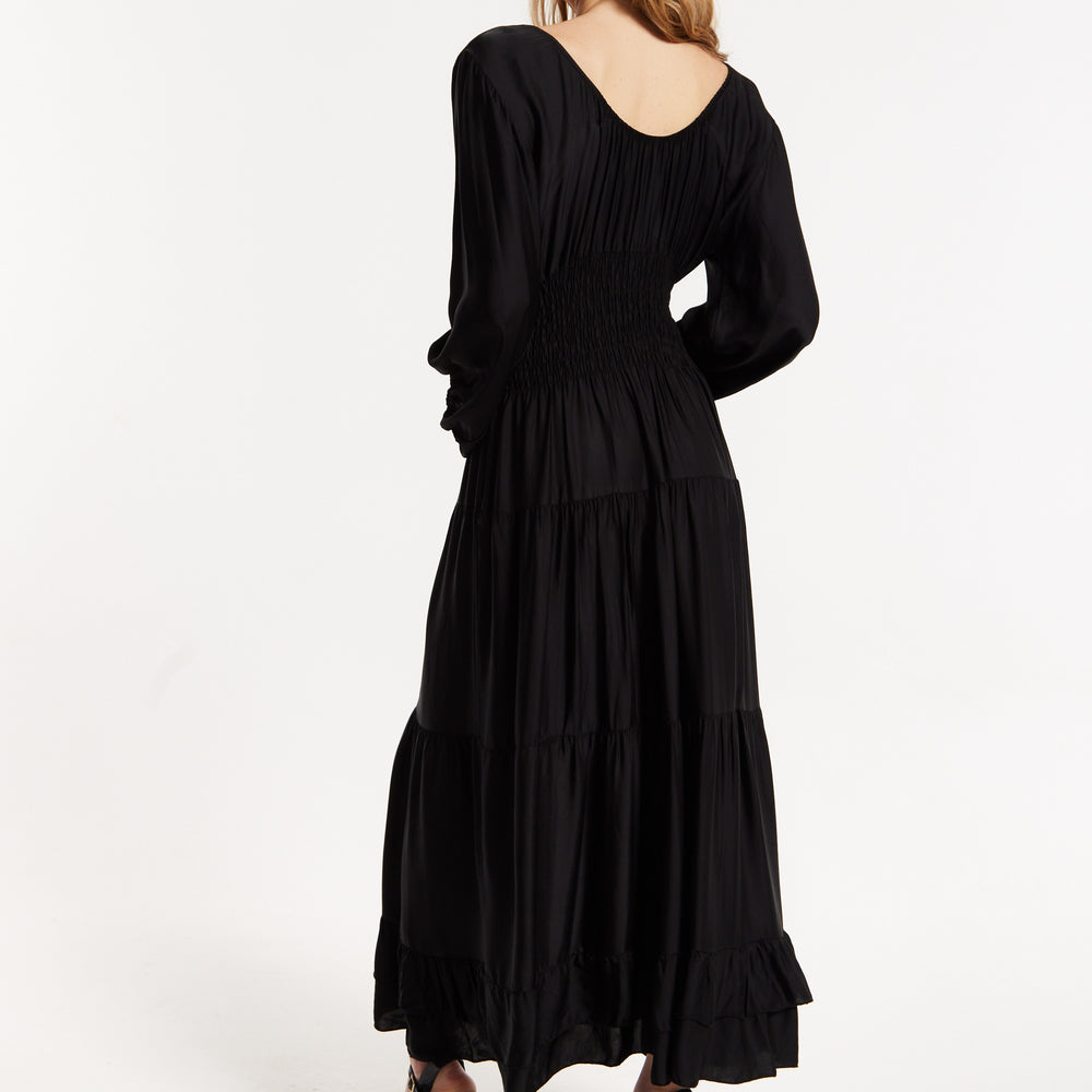 
                  
                    Black Shirred Waist Satin Maxi Dress
                  
                