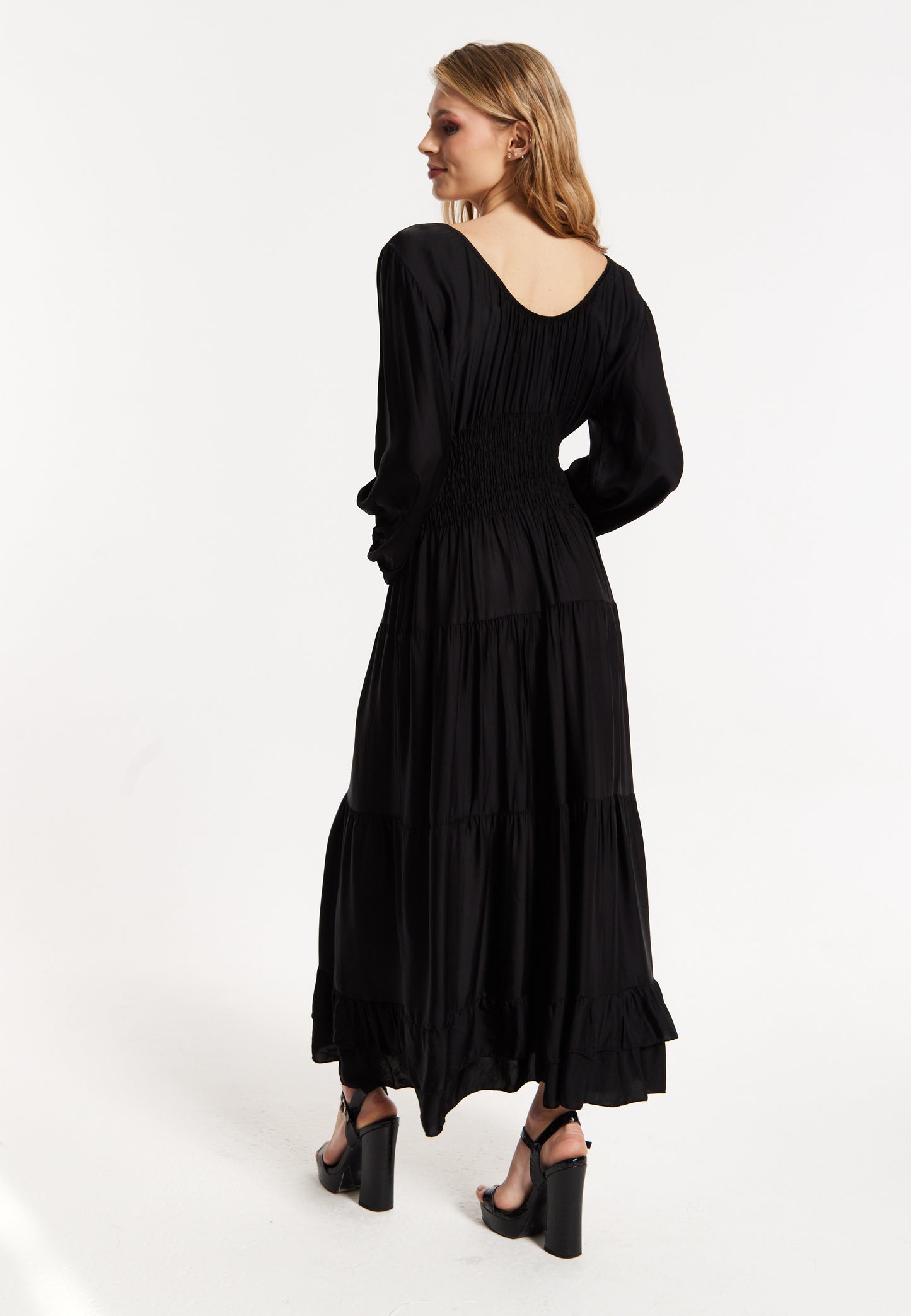 
                  
                    Black Shirred Waist Satin Maxi Dress
                  
                