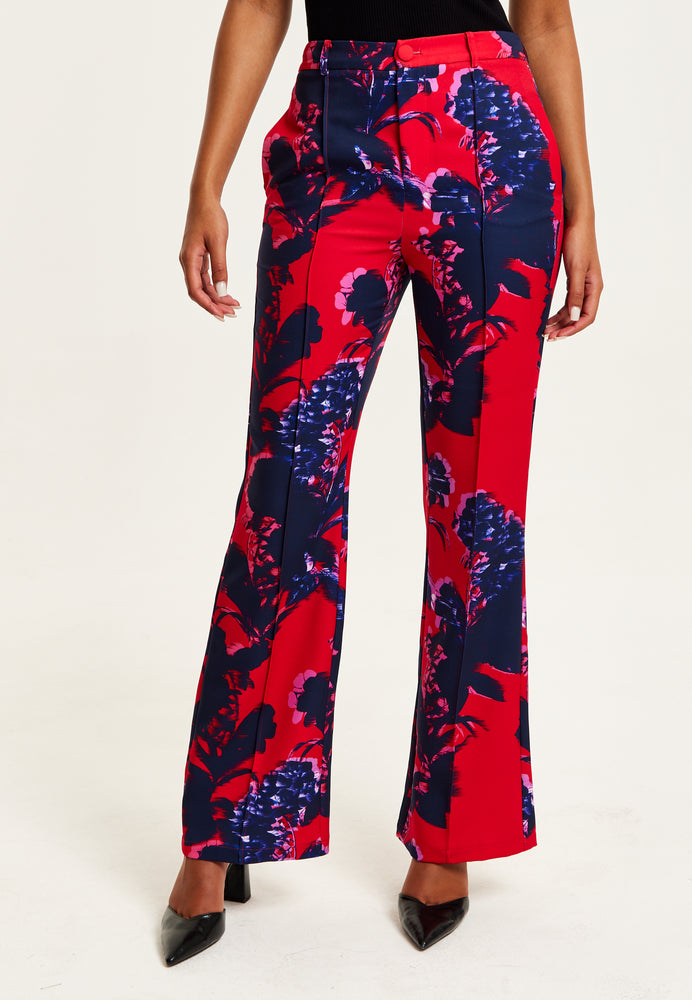 Liquorish Floral Print Tailored Red Trousers