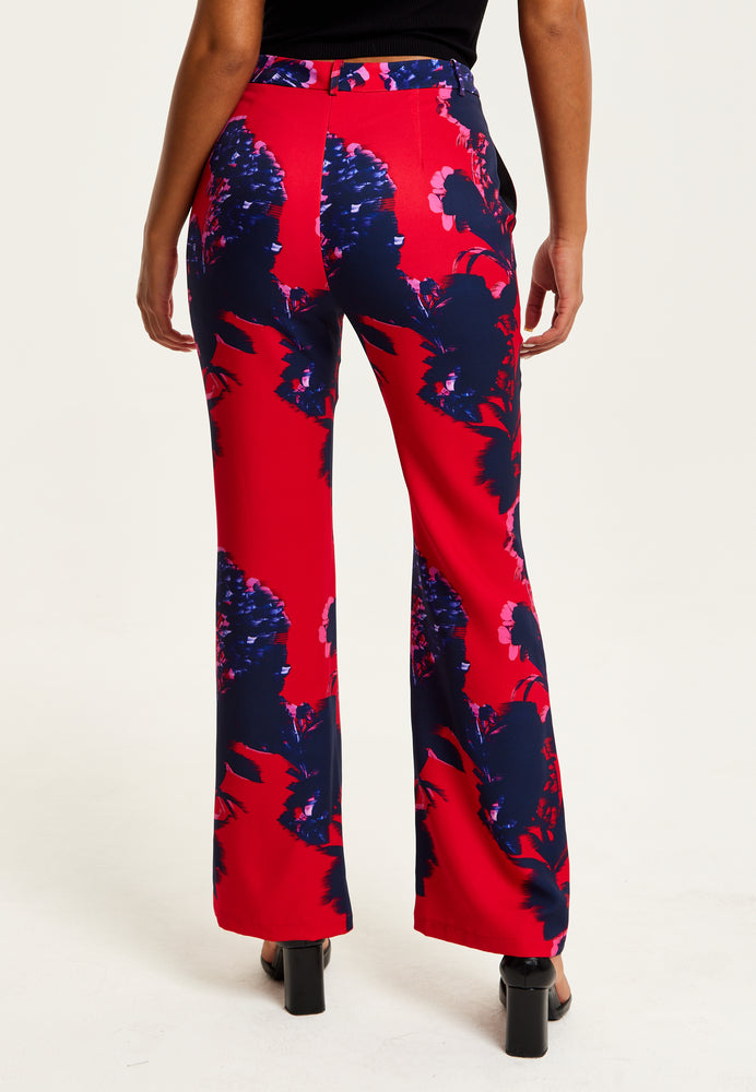 Liquorish Floral Print Tailored Red Trousers
