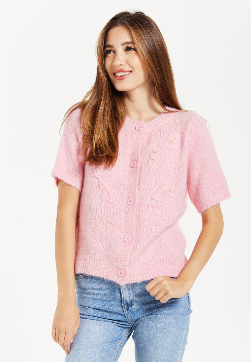 Pink Knitted Floral Short Sleeve Cardigan