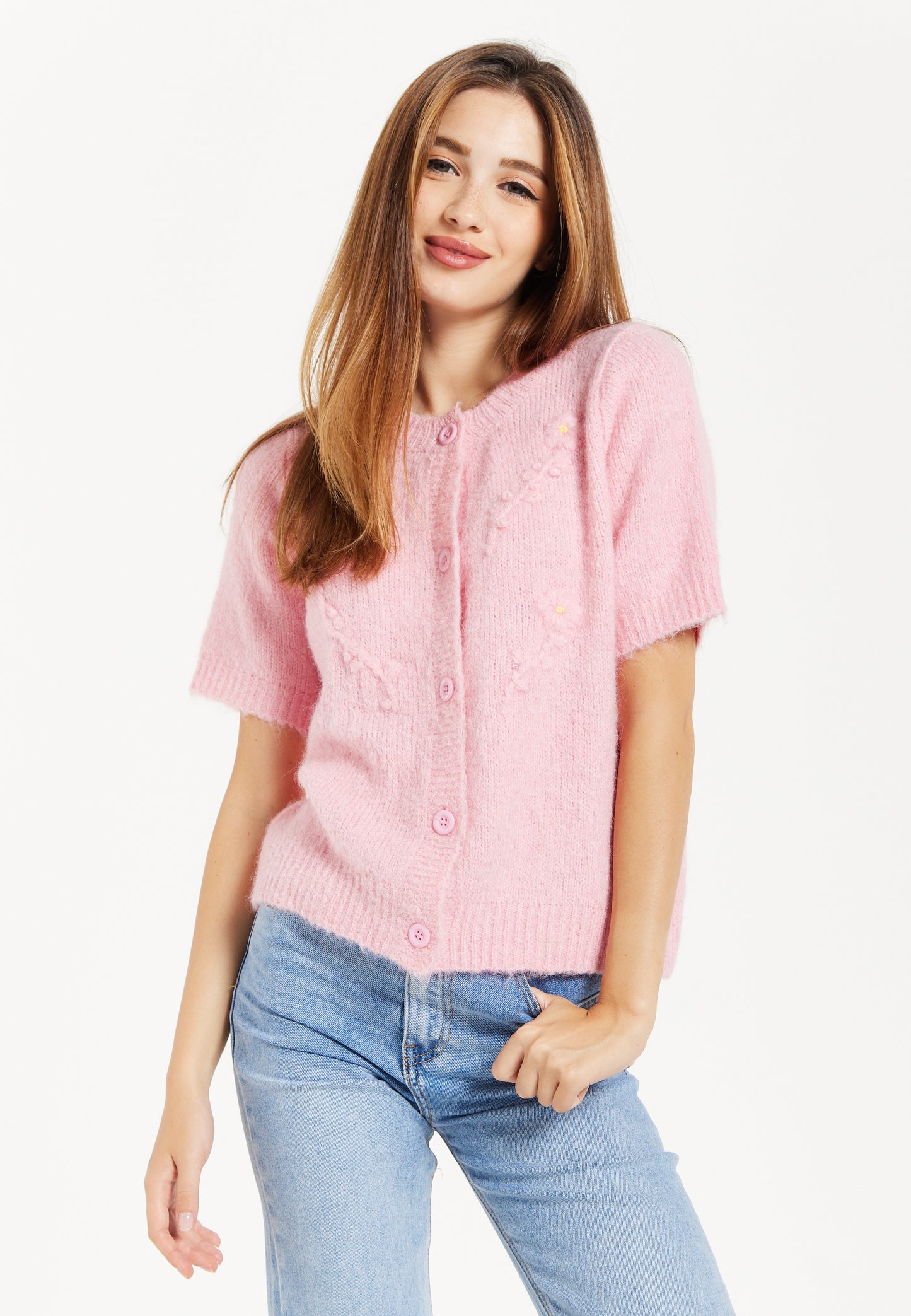 
                  
                    Pink Knitted Floral Short Sleeve Cardigan
                  
                