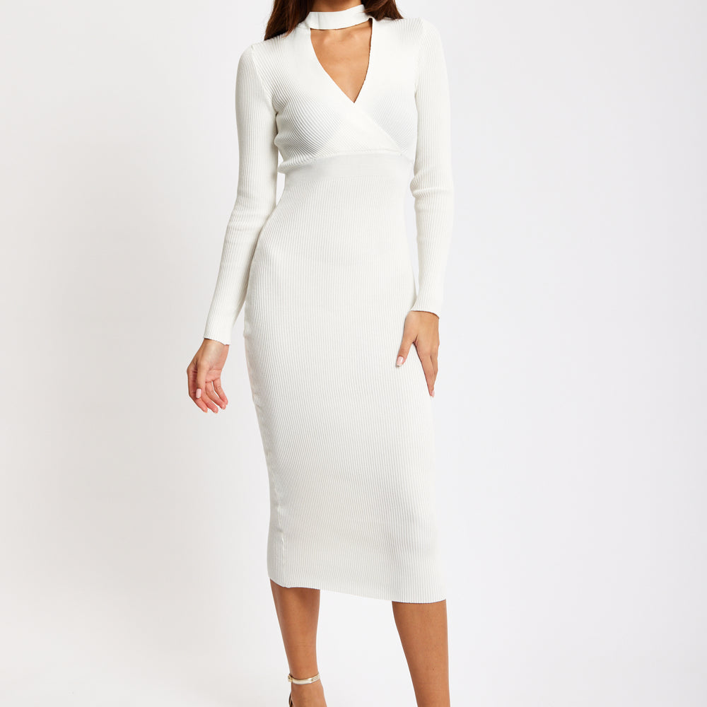 
                  
                    Liquorish Cut Out Front Ribbed Midi Knit Dress In White
                  
                