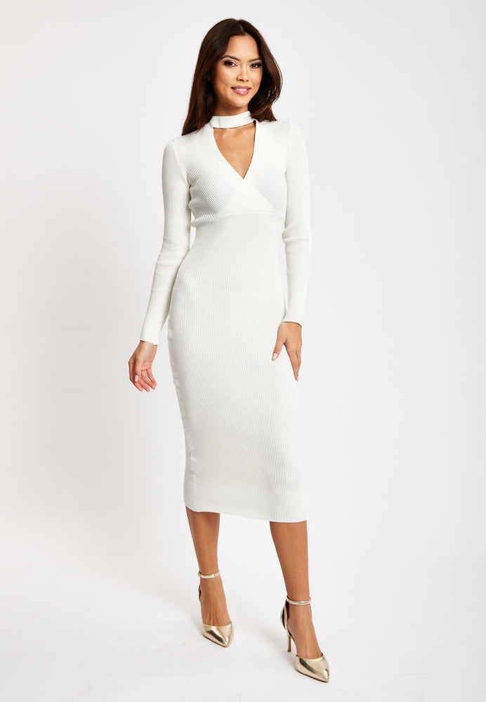 Liquorish Cut Out Front Ribbed Midi Knit Dress In White