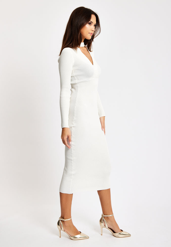 Liquorish Cut Out Front Ribbed Midi Knit Dress In White