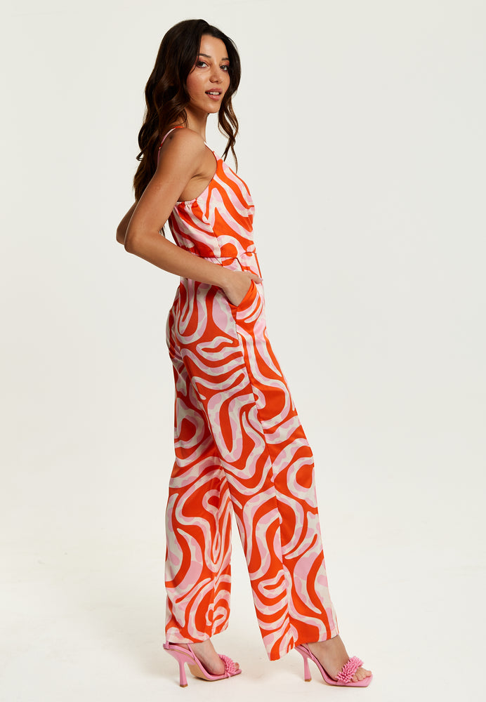 Liquorish Pink And Red Abstract Print Jumpsuit